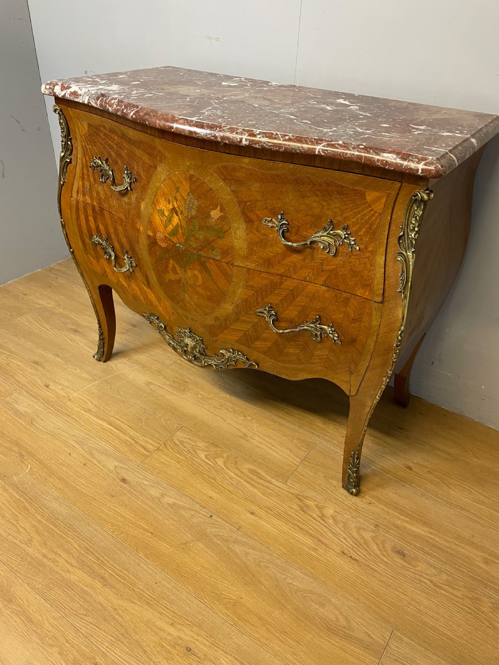 French inlaid ormolu mounted bombe chest with marble top  View II