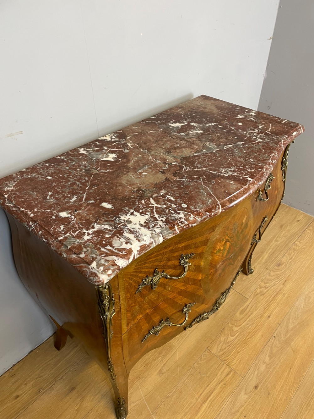 French inlaid ormolu mounted bombe chest with marble top  View III