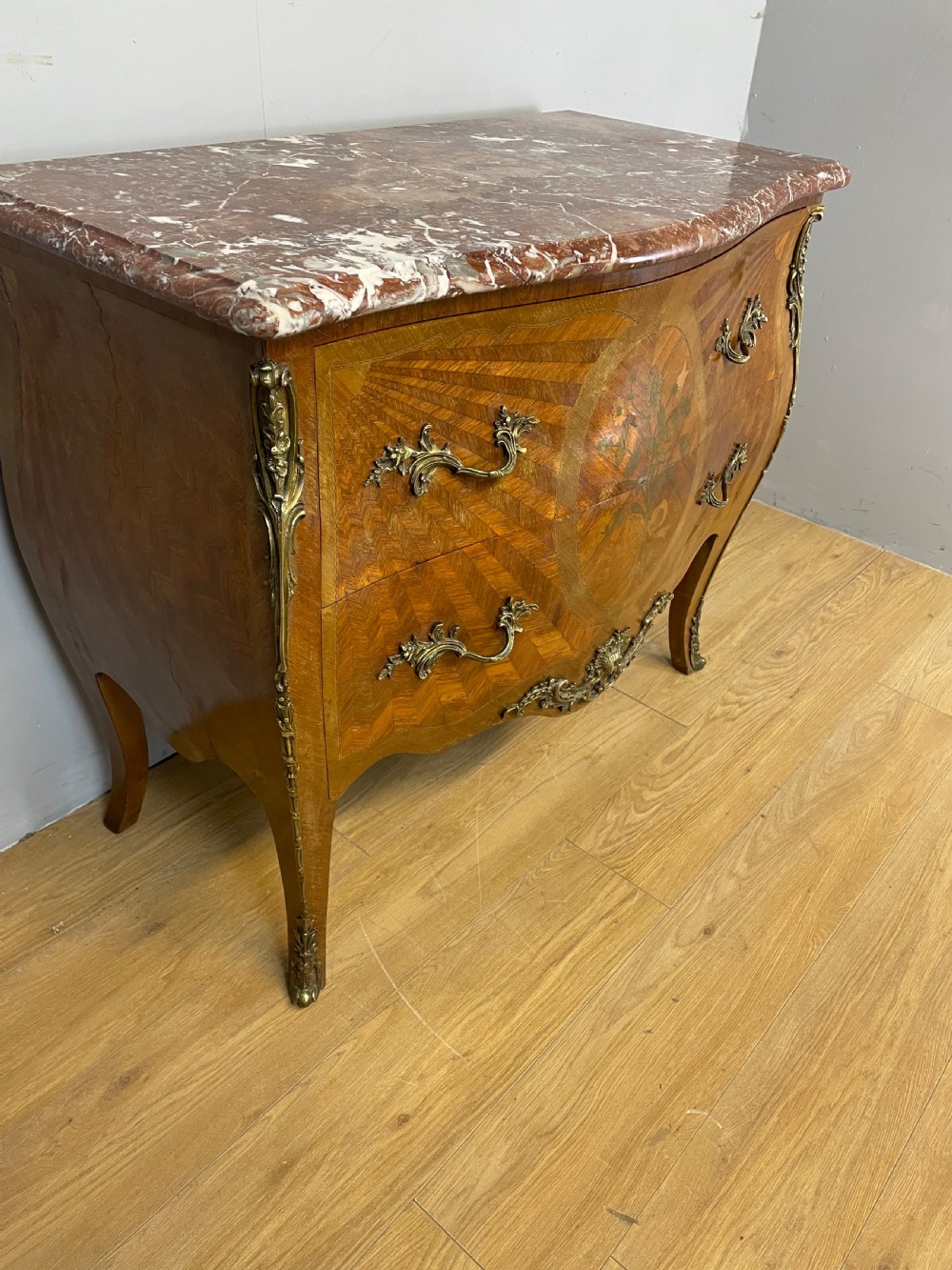 French inlaid ormolu mounted bombe chest with marble top  View IV