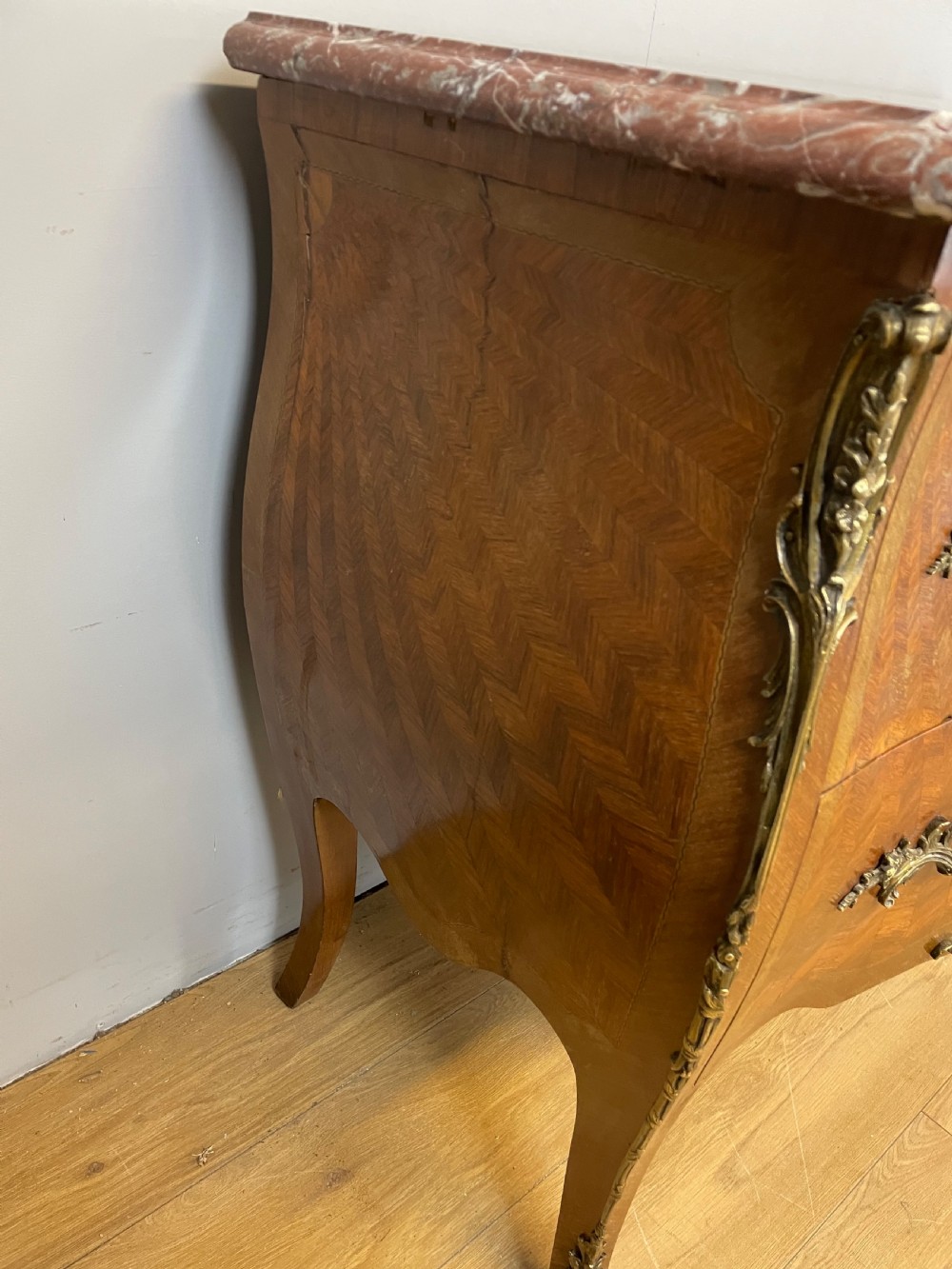 French inlaid ormolu mounted bombe chest with marble top  View V