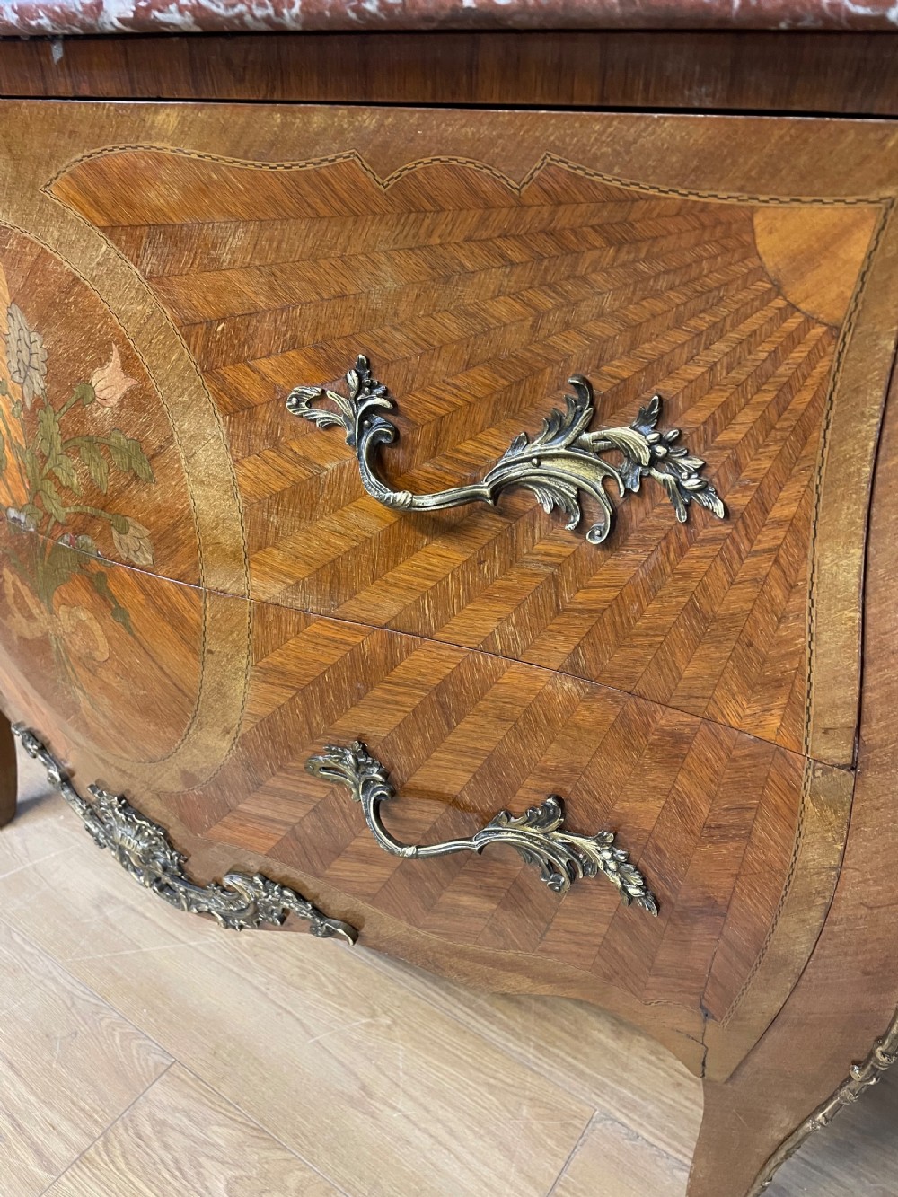 French inlaid ormolu mounted bombe chest with marble top  View VI