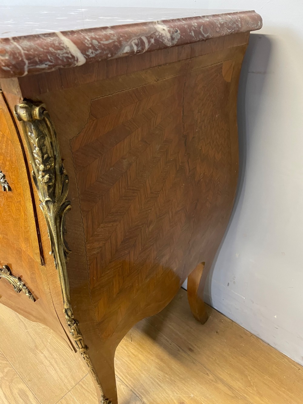 French inlaid ormolu mounted bombe chest with marble top  View VII
