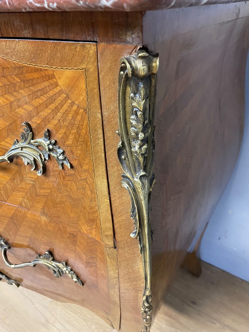 French inlaid ormolu mounted bombe chest with marble top  View VIII