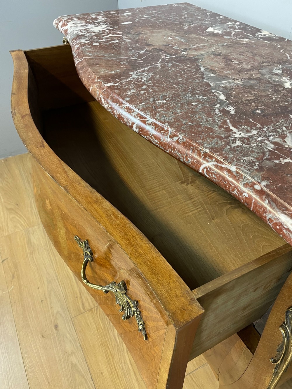 French inlaid ormolu mounted bombe chest with marble top  View IX