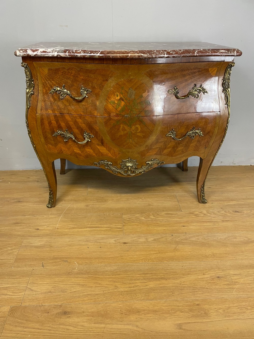 French inlaid ormolu mounted bombe chest with marble top  View X