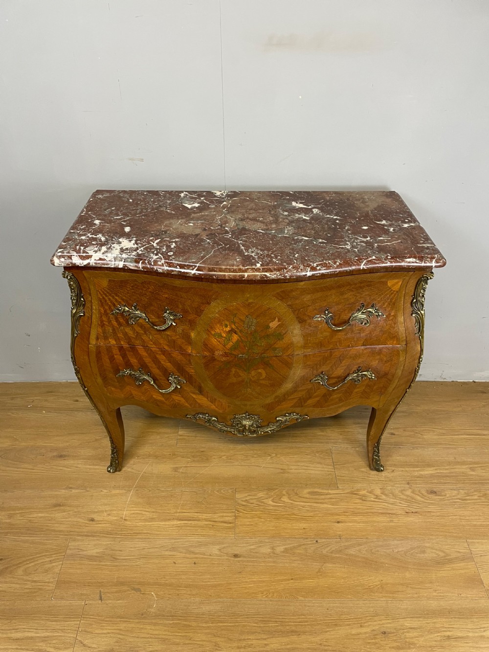 French inlaid ormolu mounted bombe chest with marble top  View XI
