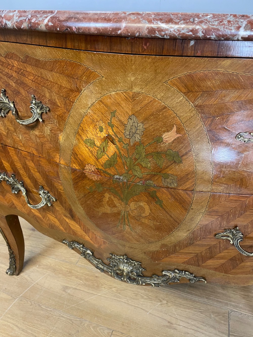 French inlaid ormolu mounted bombe chest with marble top  View XII