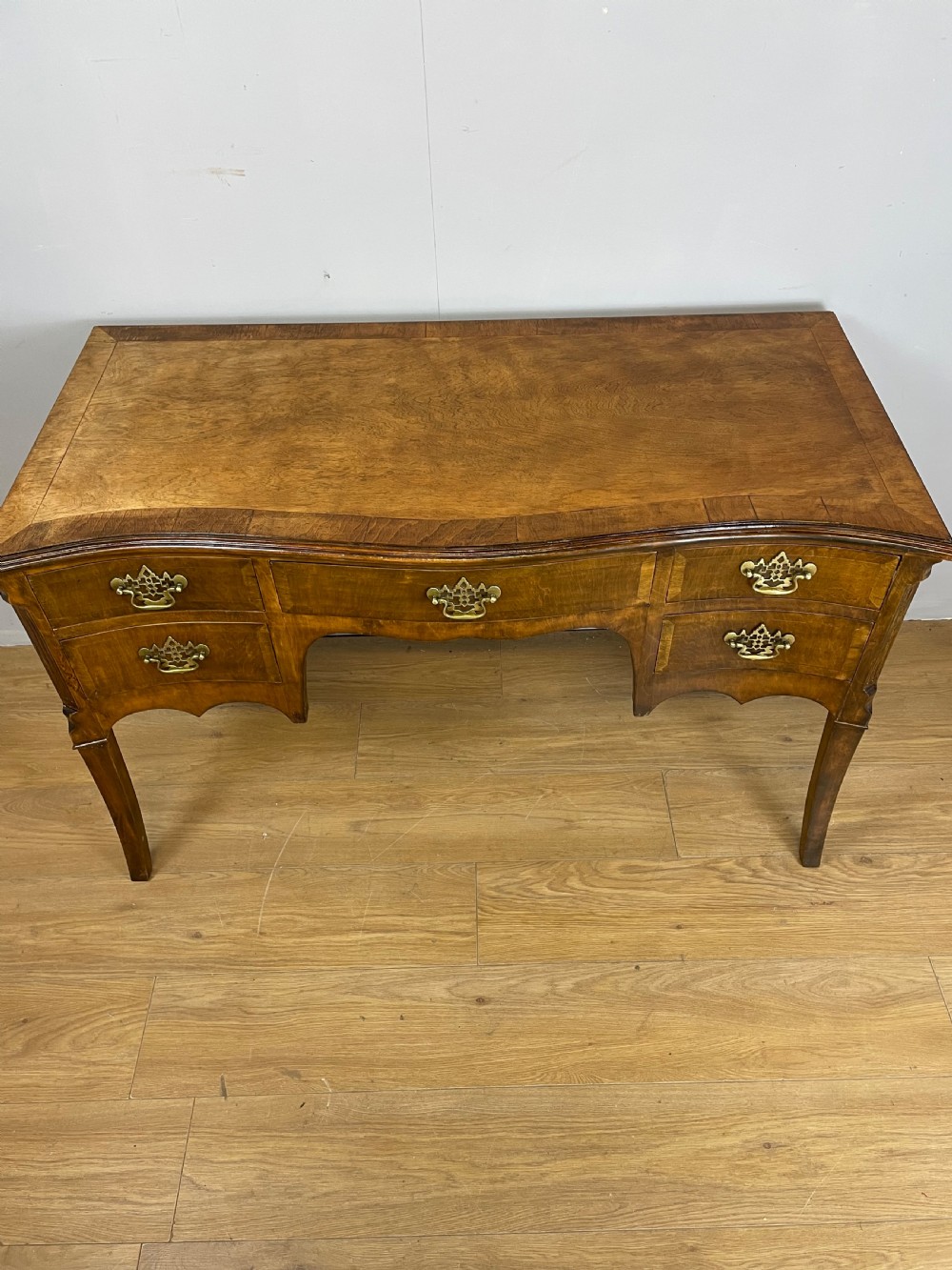 Edwardian serpentine front walnut writing desk  View II