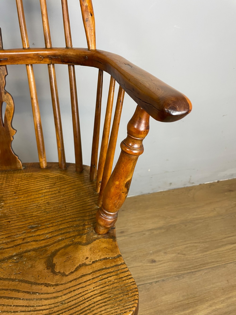 Early nineteenth century yew and elm Windsor chair with crinoline under stretcher  View V