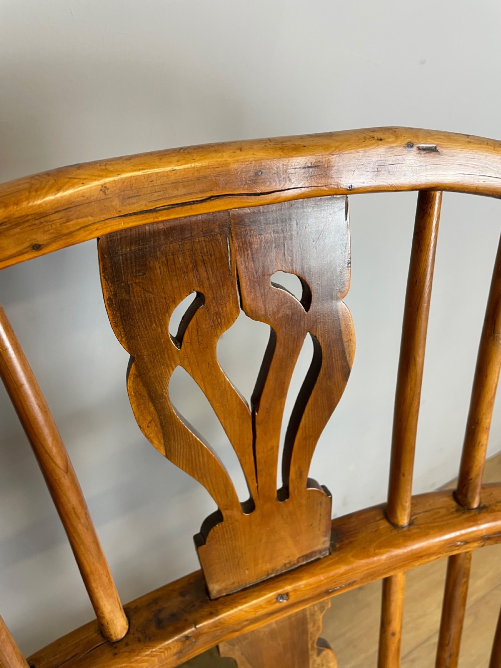 Early nineteenth century yew and elm Windsor chair with crinoline under stretcher  View X