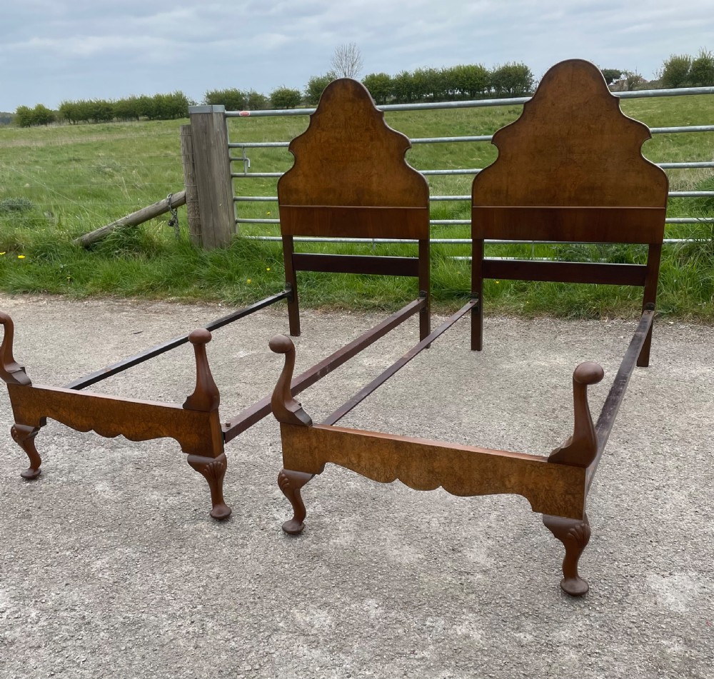 Pair of burr walnut single beds circa 1920
