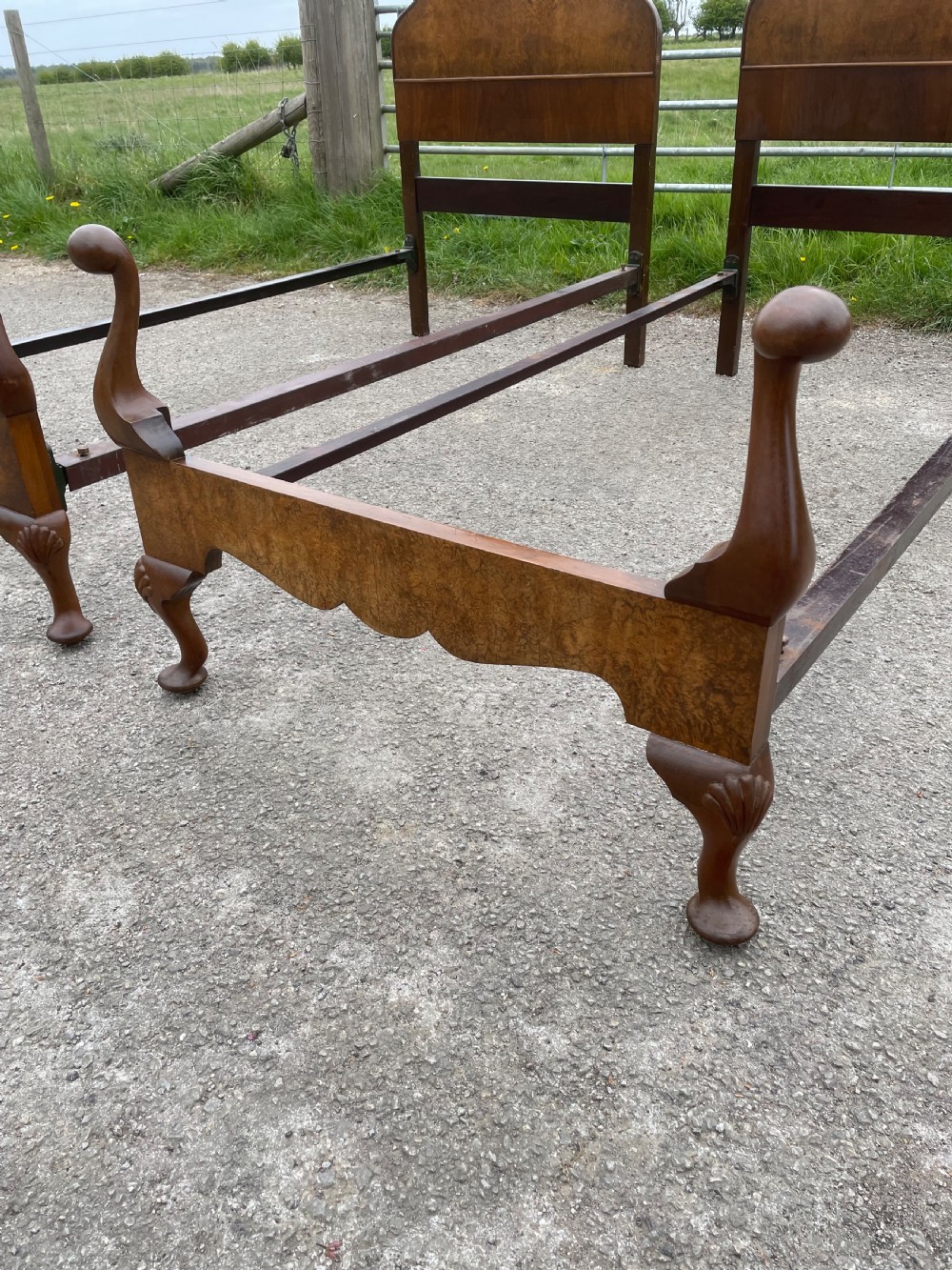 Pair of burr walnut single beds circa 1920 View II