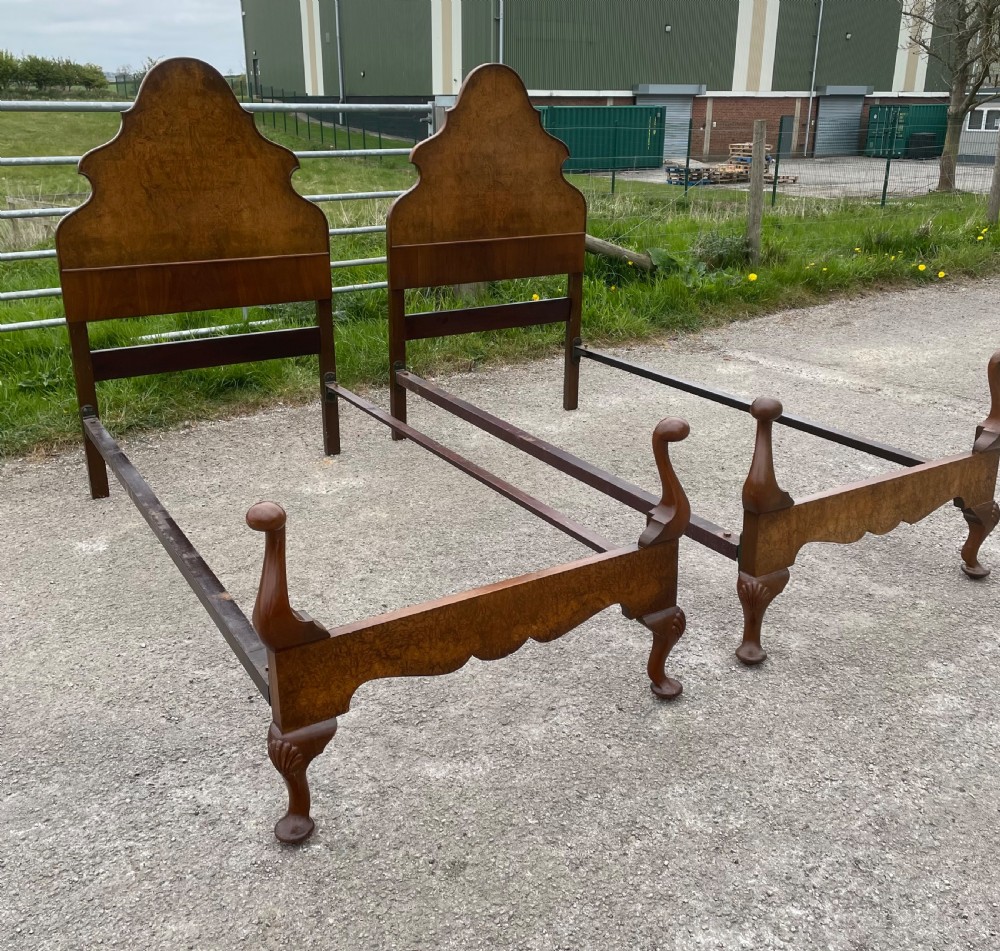 Pair of burr walnut single beds circa 1920 View V