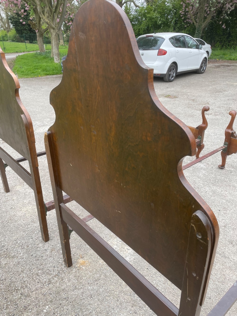 Pair of burr walnut single beds circa 1920 View VIII