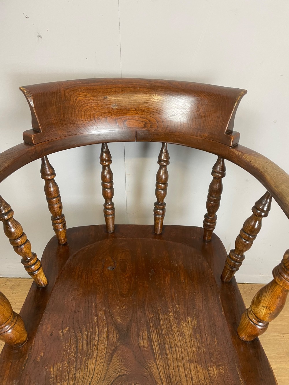 C19TH Ash and elm smokers bow Windsor chair with double h under stretcher  View IV