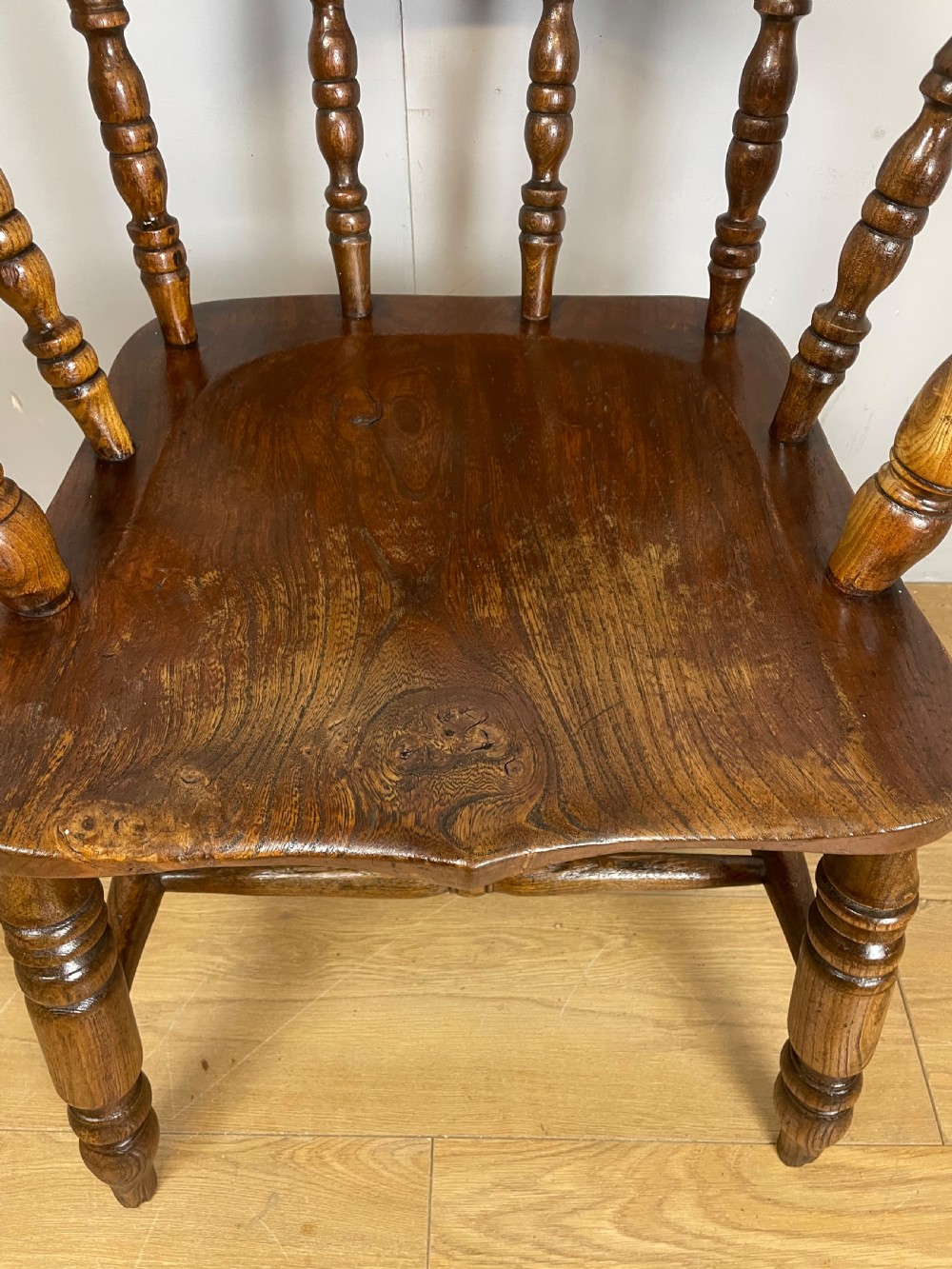 C19TH Ash and elm smokers bow Windsor chair with double h under stretcher  View V