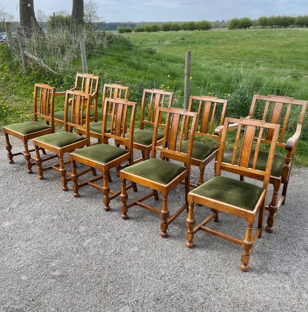Arts and crafts Golden oak set of 10 dining chairs 