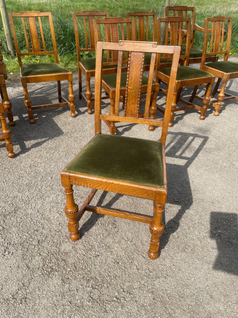Arts and crafts Golden oak set of 10 dining chairs  View VI