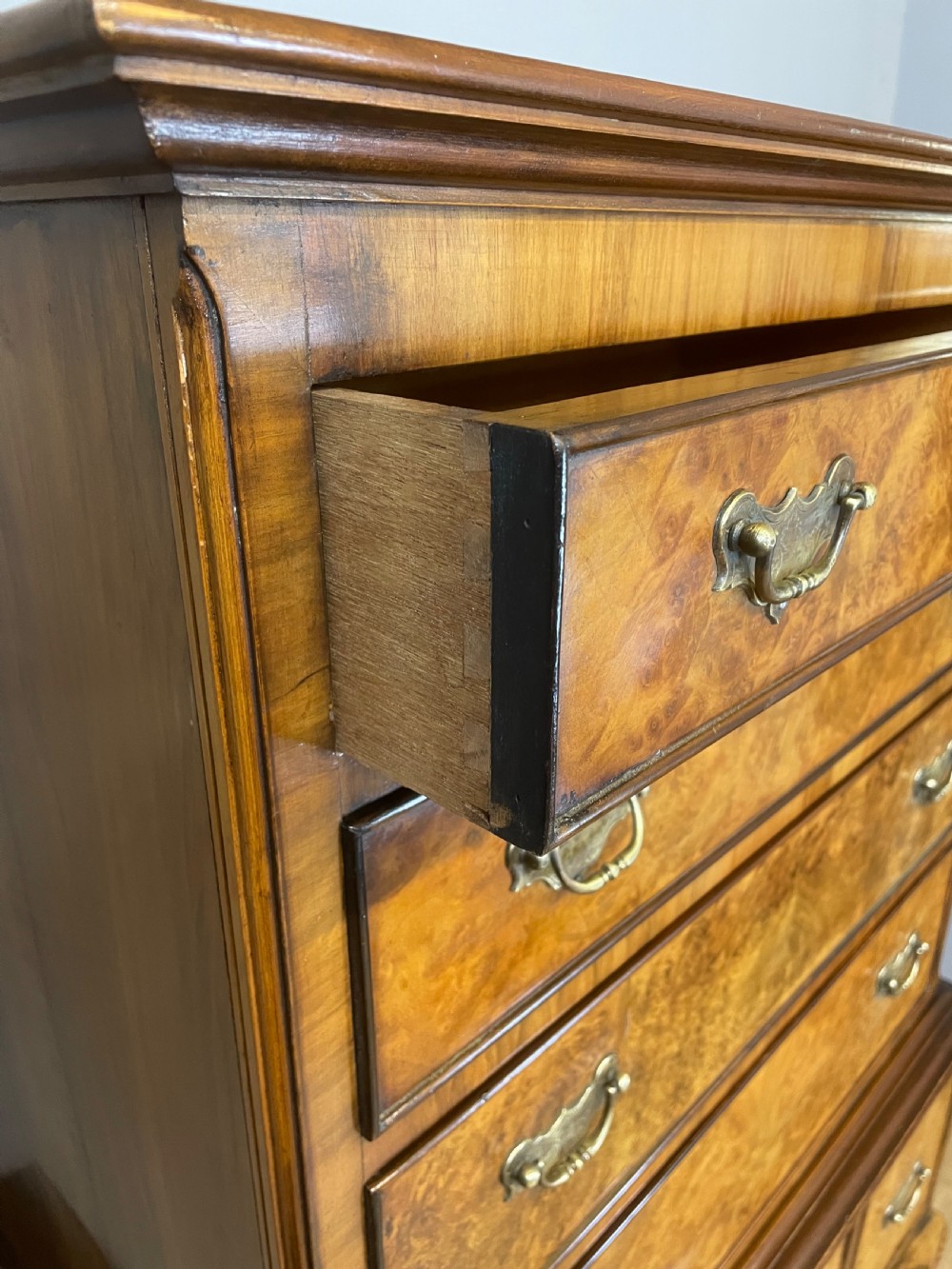 Burr walnut chest on stand circa 1920 View X