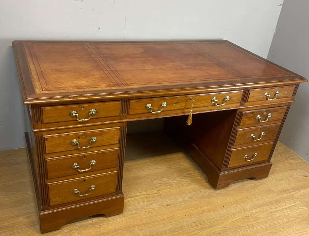 Edwardian twin pedestal mahogany desk with inset leather top  View II