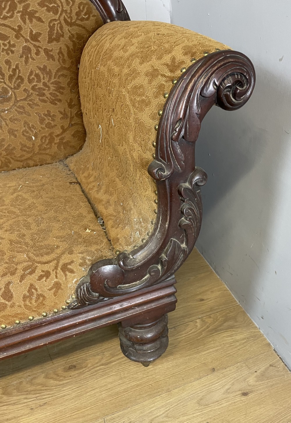 C19TH mahogany scroll end sofa for reupholstery  View IV