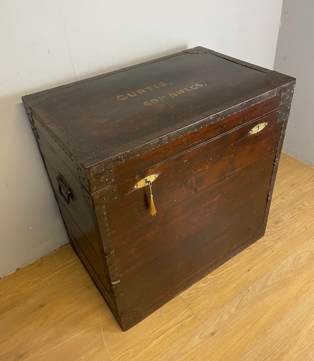 Large C19TH metal bound military trunk. London maker Curtis 60th rifles 
