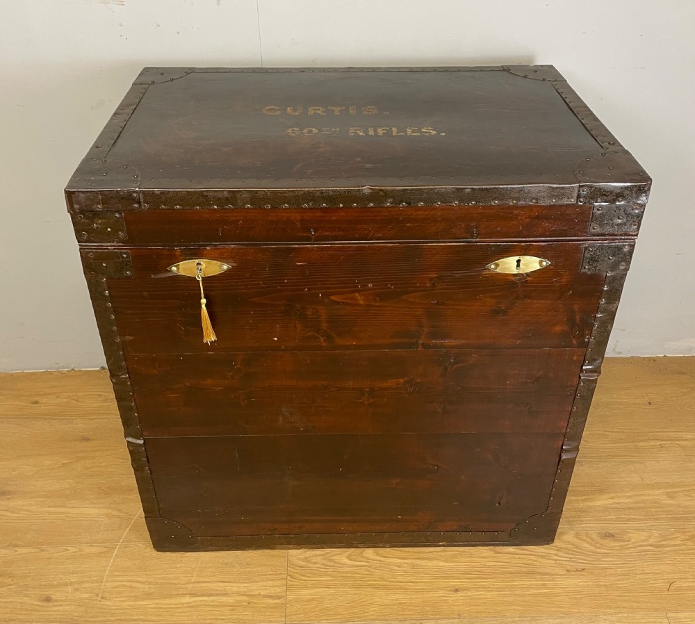 Large C19TH metal bound military trunk. London maker Curtis 60th rifles  View II