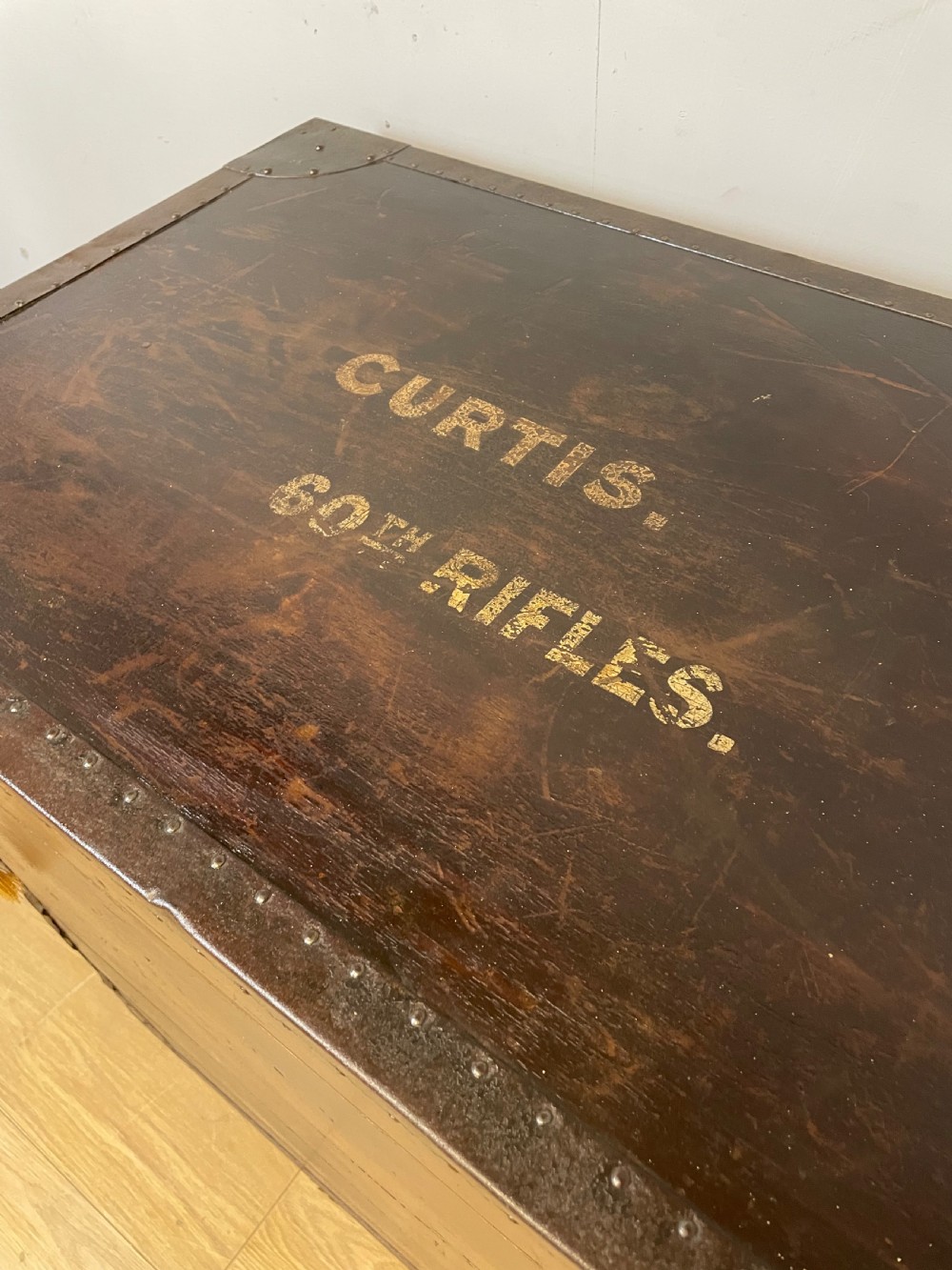 Large C19TH metal bound military trunk. London maker Curtis 60th rifles  View III