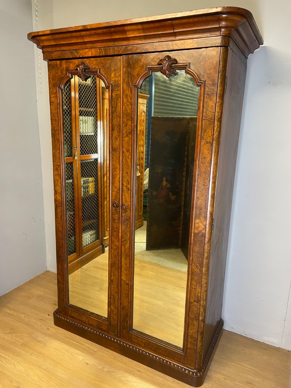 C19TH burr walnut country house two door wardrobe with mirrored doors 