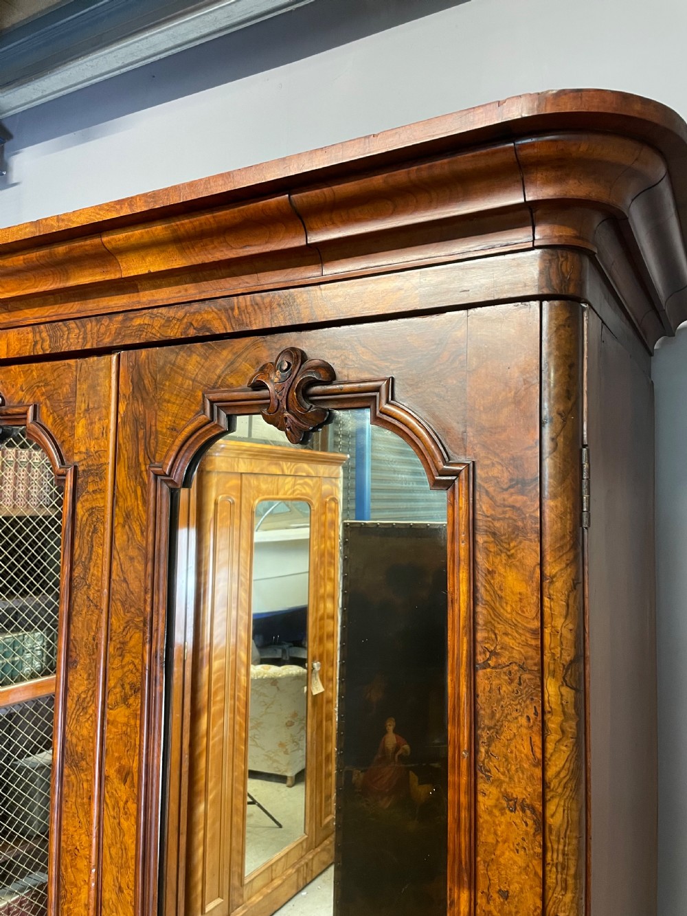 C19TH burr walnut country house two door wardrobe with mirrored doors  View II