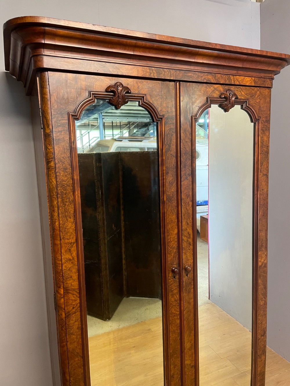 C19TH burr walnut country house two door wardrobe with mirrored doors  View III