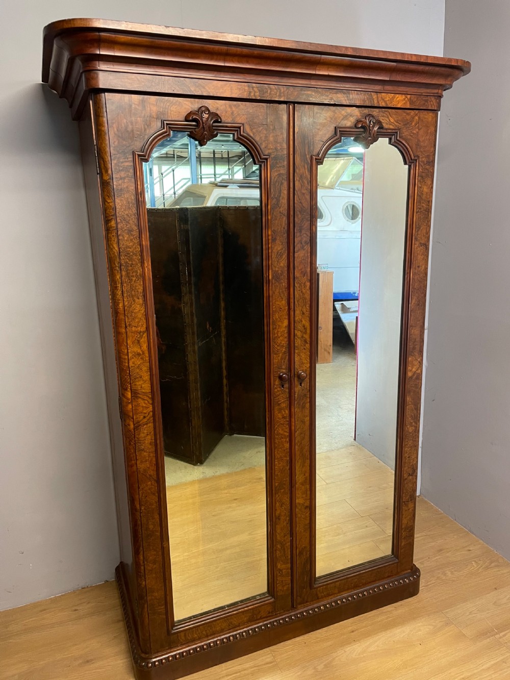 C19TH burr walnut country house two door wardrobe with mirrored doors  View IV