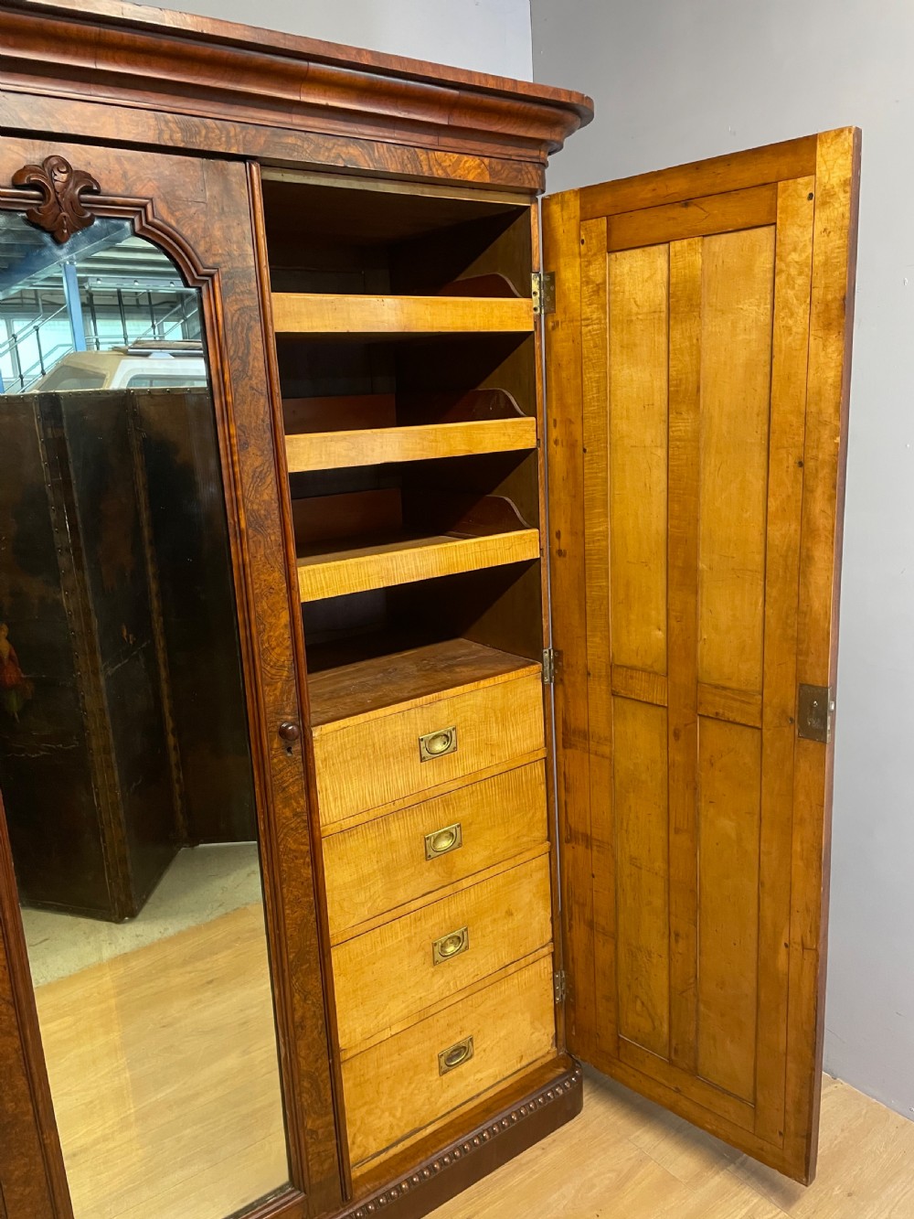 C19TH burr walnut country house two door wardrobe with mirrored doors  View VI