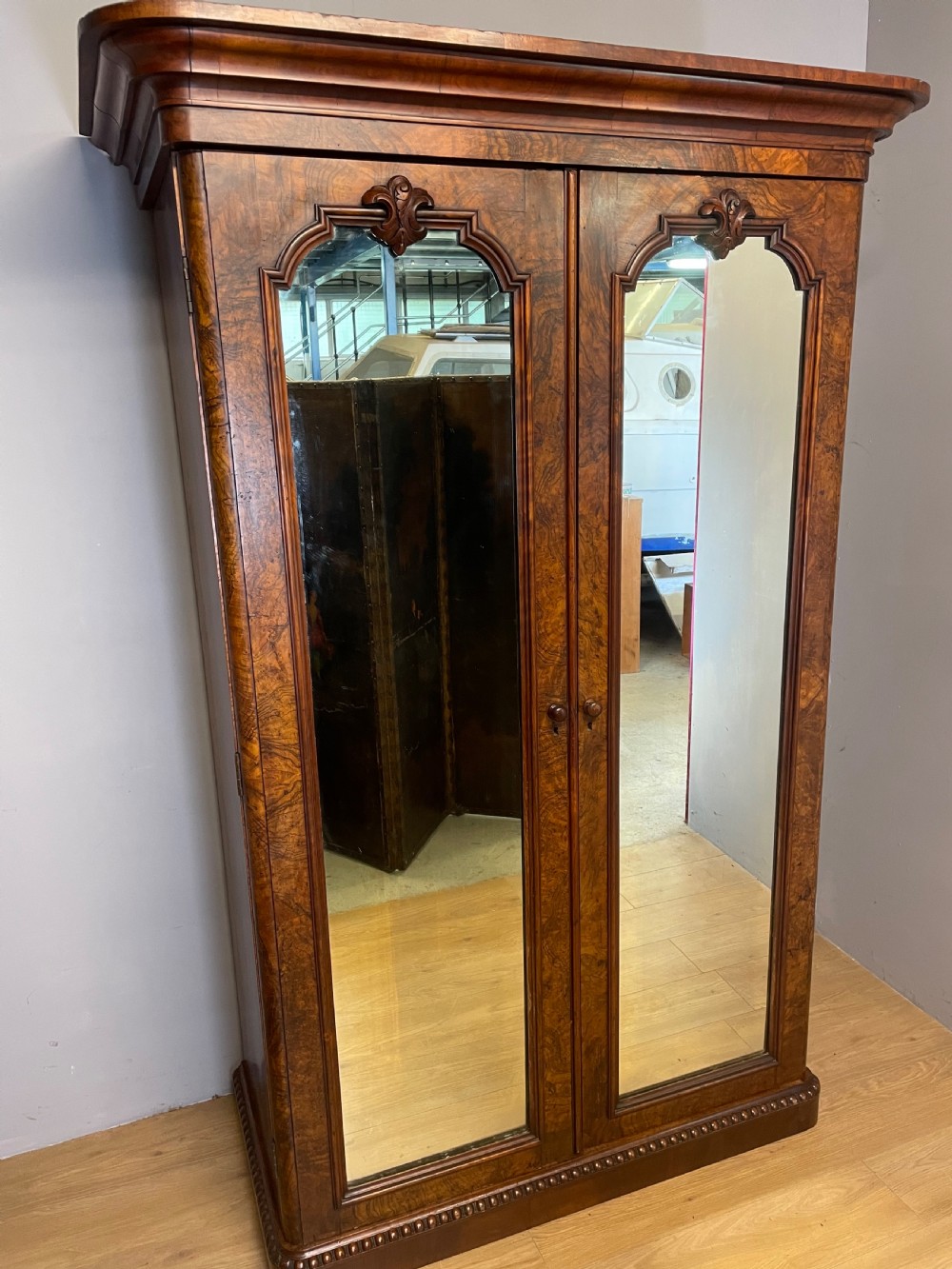 C19TH burr walnut country house two door wardrobe with mirrored doors  View VIII
