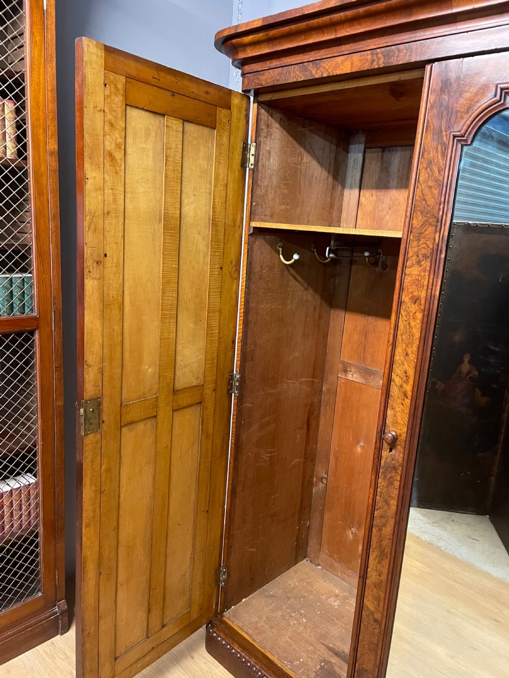 C19TH burr walnut country house two door wardrobe with mirrored doors  View IX