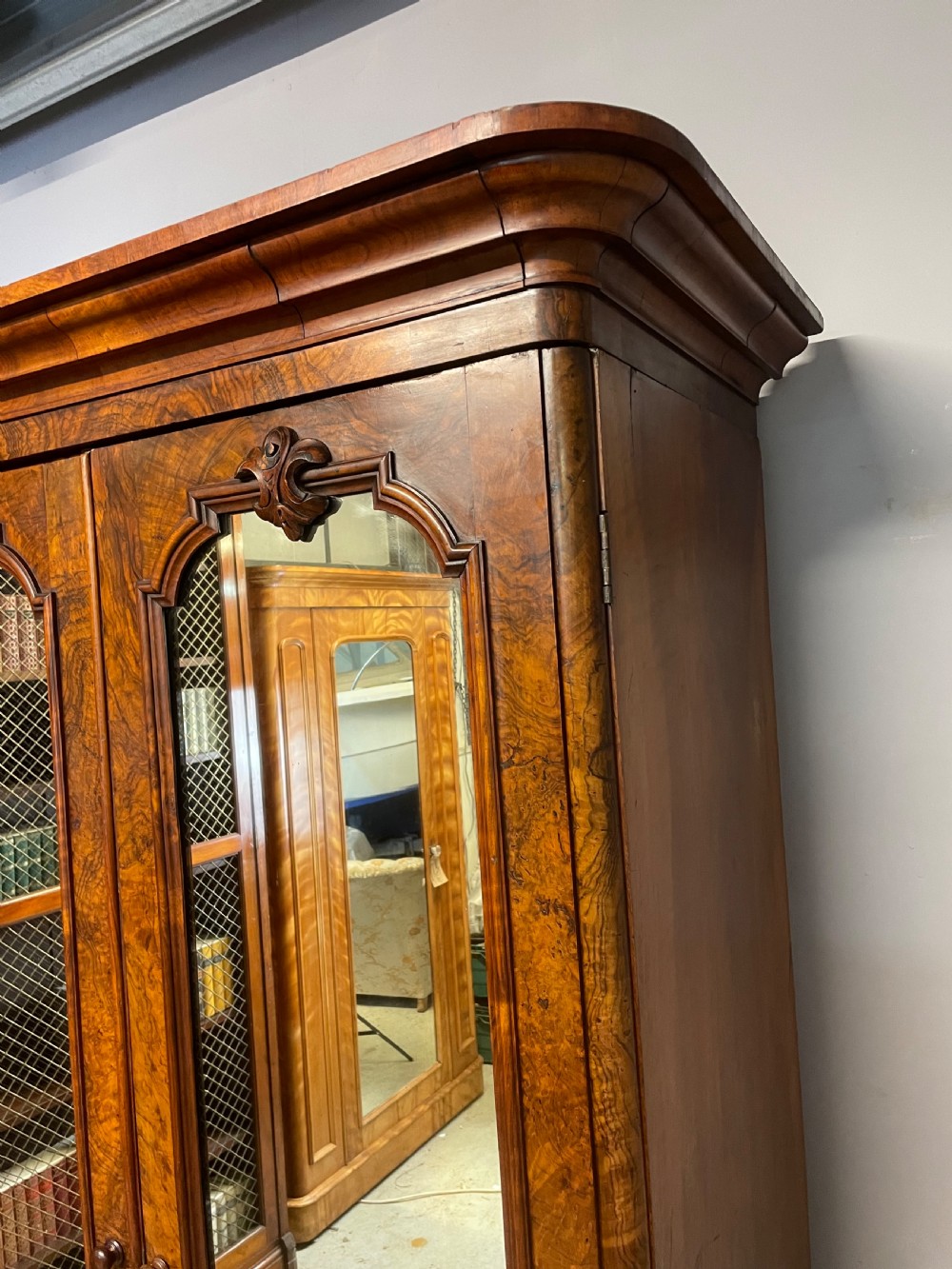 C19TH burr walnut country house two door wardrobe with mirrored doors  View XII
