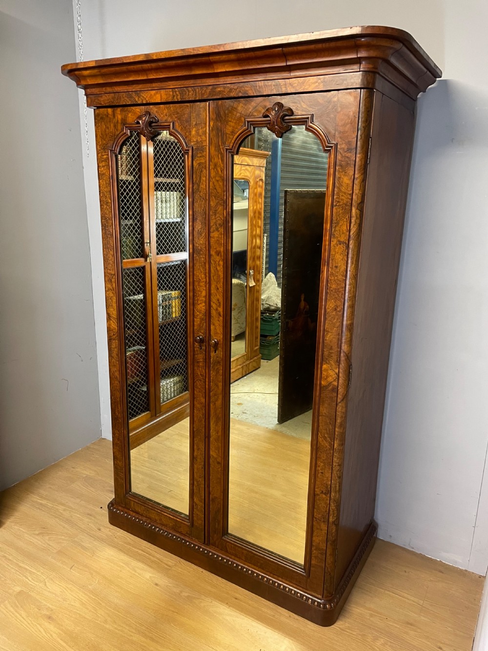 C19TH burr walnut country house two door wardrobe with mirrored doors  View XIII
