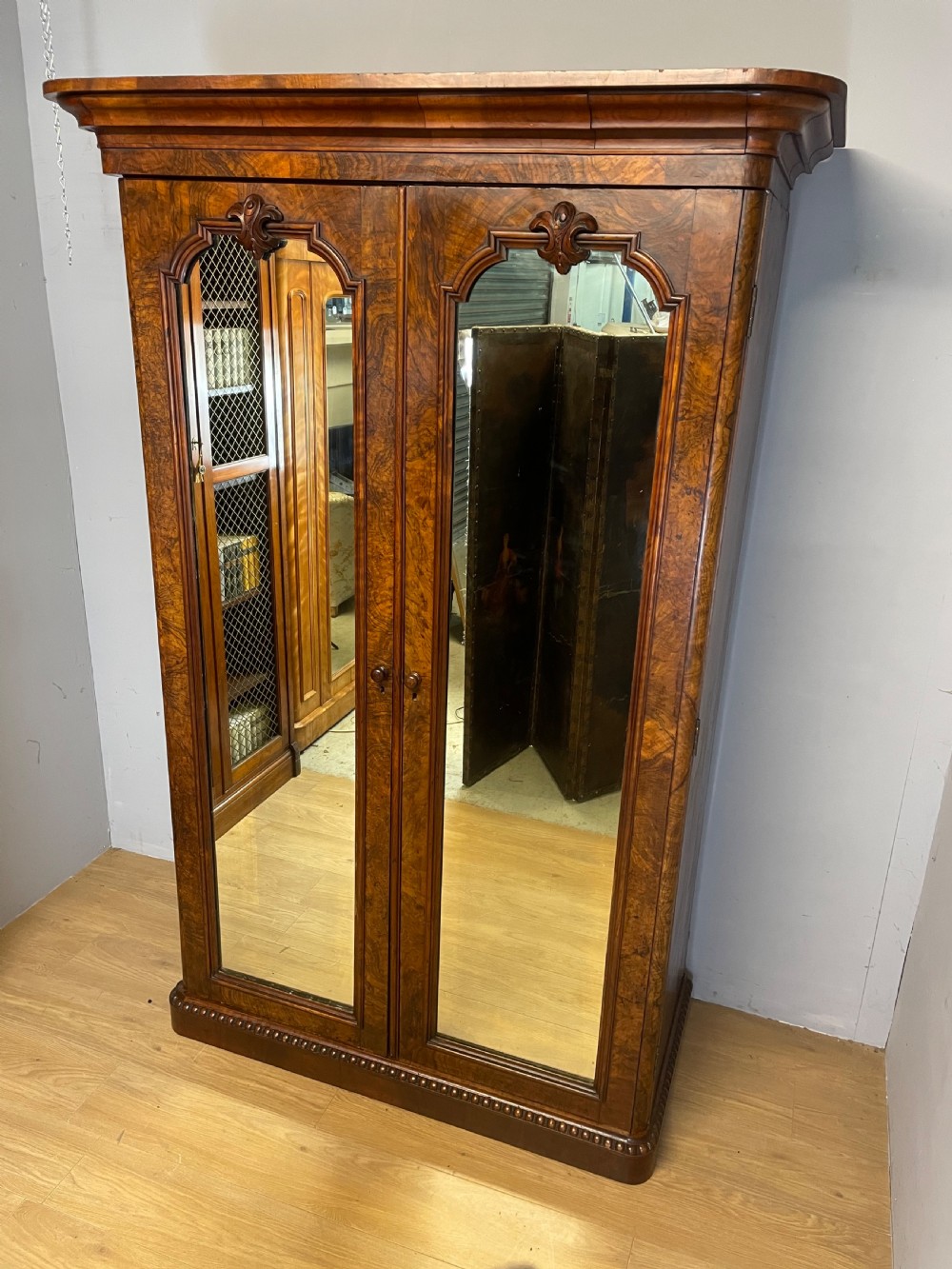 C19TH burr walnut country house two door wardrobe with mirrored doors  View XIV