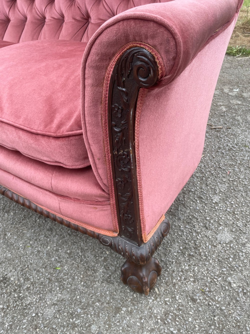 Victorian serpentine front sofa on carved show wood frame  View II