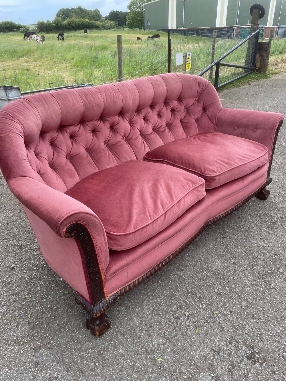 Victorian serpentine front sofa on carved show wood frame  View III