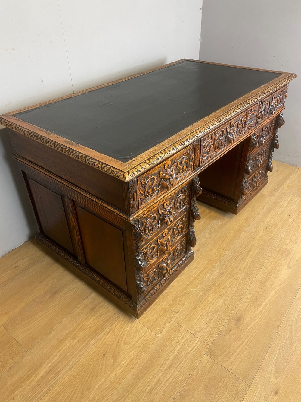 C19TH carved oak twin pedestal desk  View III