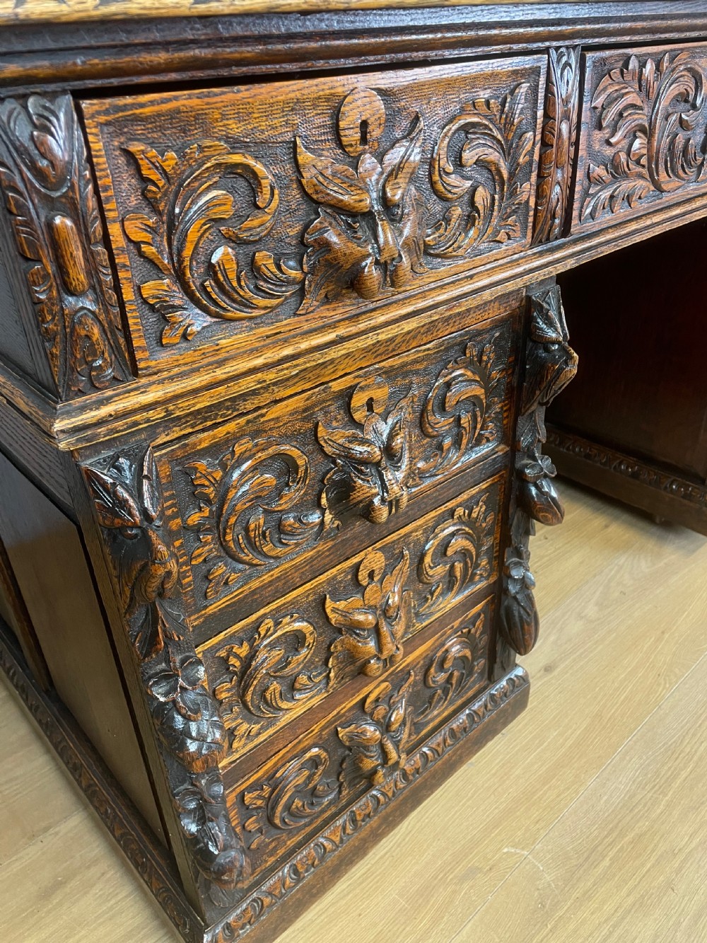 C19TH carved oak twin pedestal desk  View V