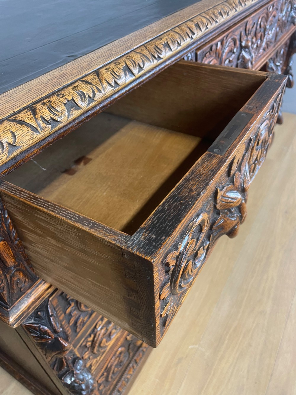 C19TH carved oak twin pedestal desk  View VI