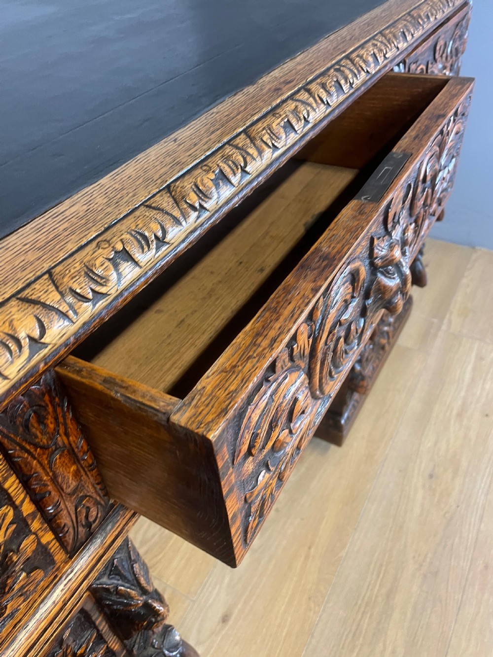 C19TH carved oak twin pedestal desk  View VII