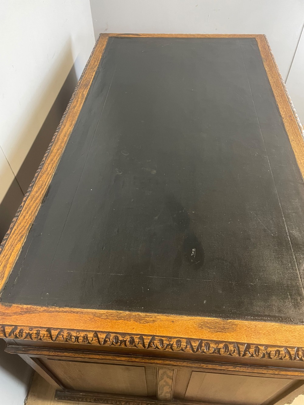 C19TH carved oak twin pedestal desk  View IX