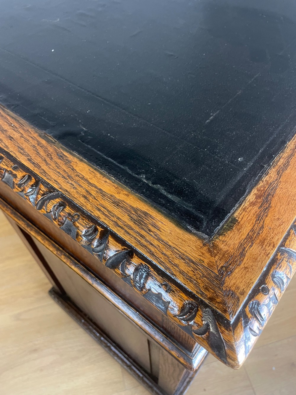C19TH carved oak twin pedestal desk  View XII