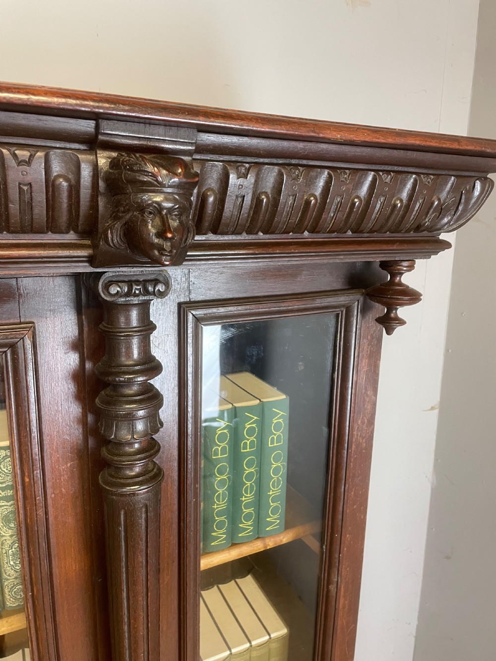 C19TH carved freestanding glazed walnut bookcase  View V