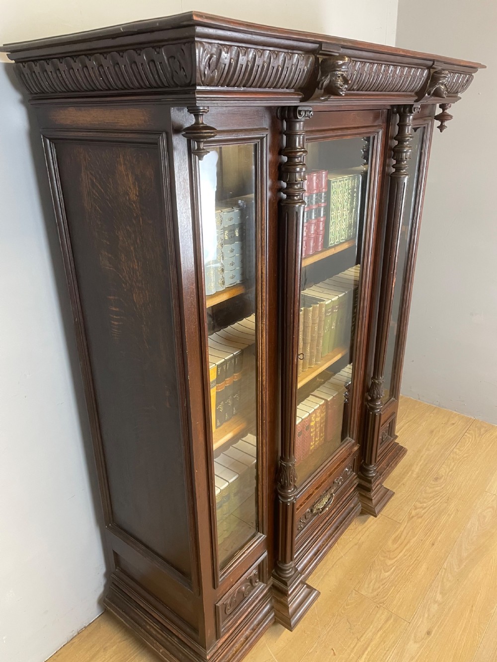 C19TH carved freestanding glazed walnut bookcase  View VI