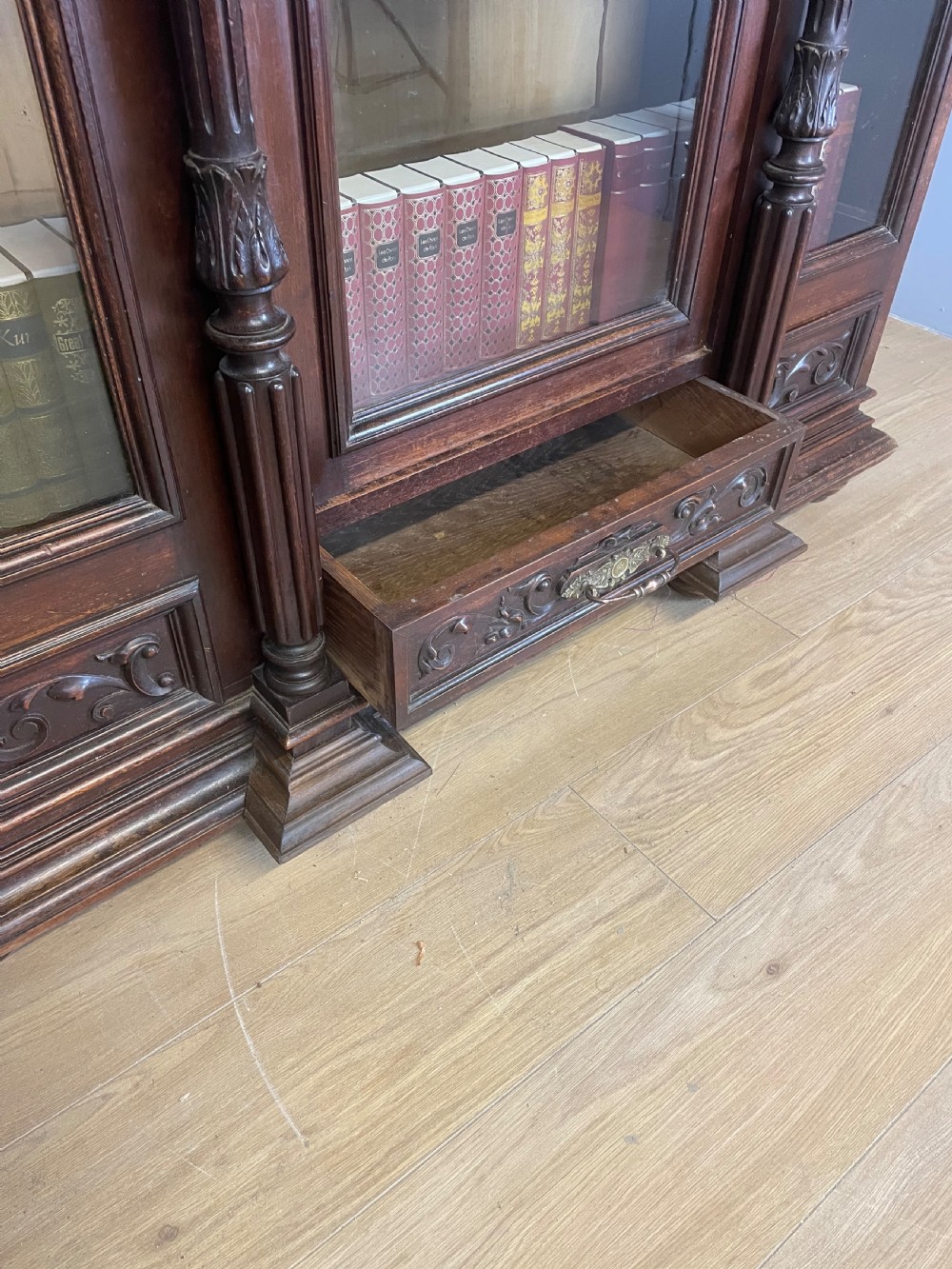 C19TH carved freestanding glazed walnut bookcase  View VIII