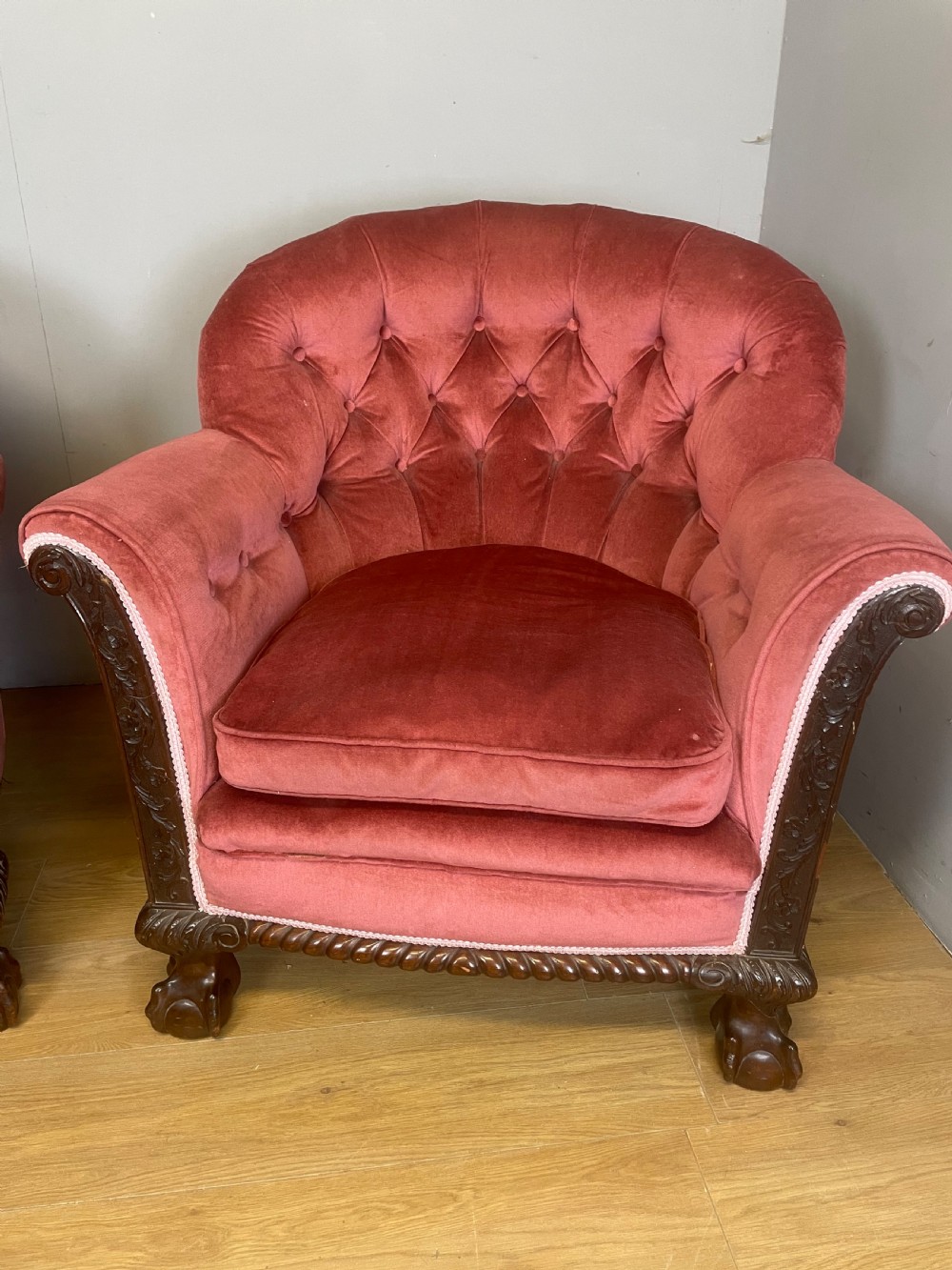 C19TH Pair of tub chairs with carved mahogany frames  View II